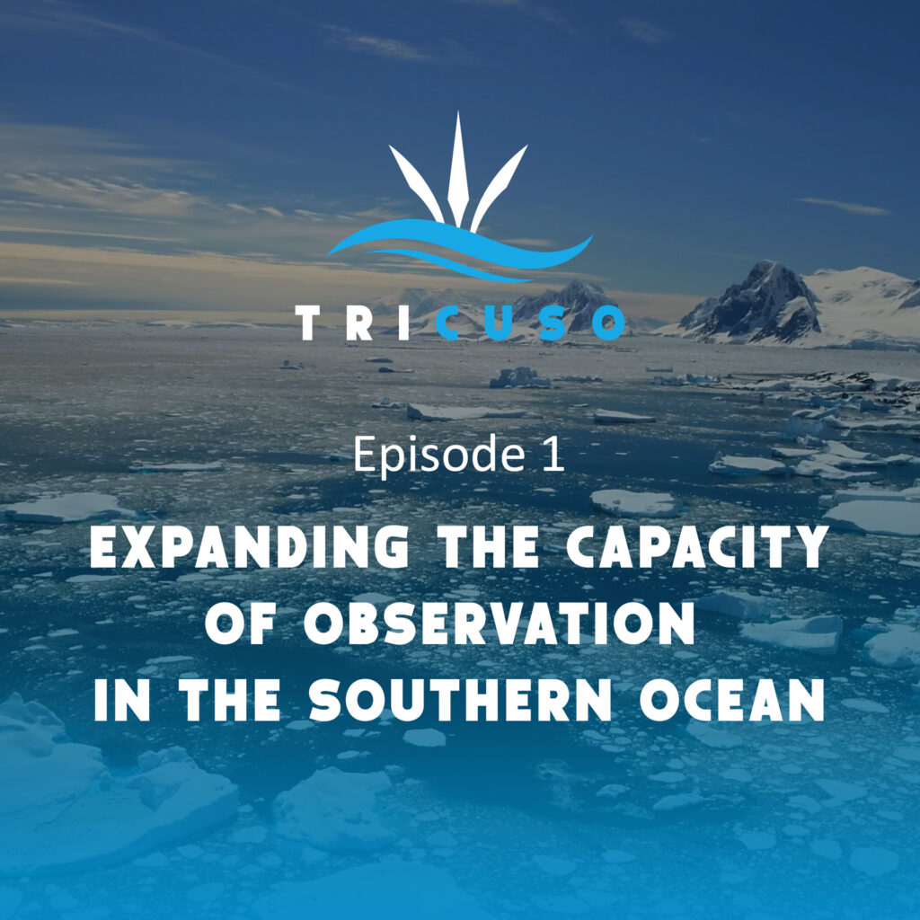 Thumbnail for the first TRICUSO project video. Episode 1: Expanding the capacity of observation in the Southern Ocean. In the background is the beautiful scenery of the floating ice on the Southern Ocean, snowy mountains and a blue sky.