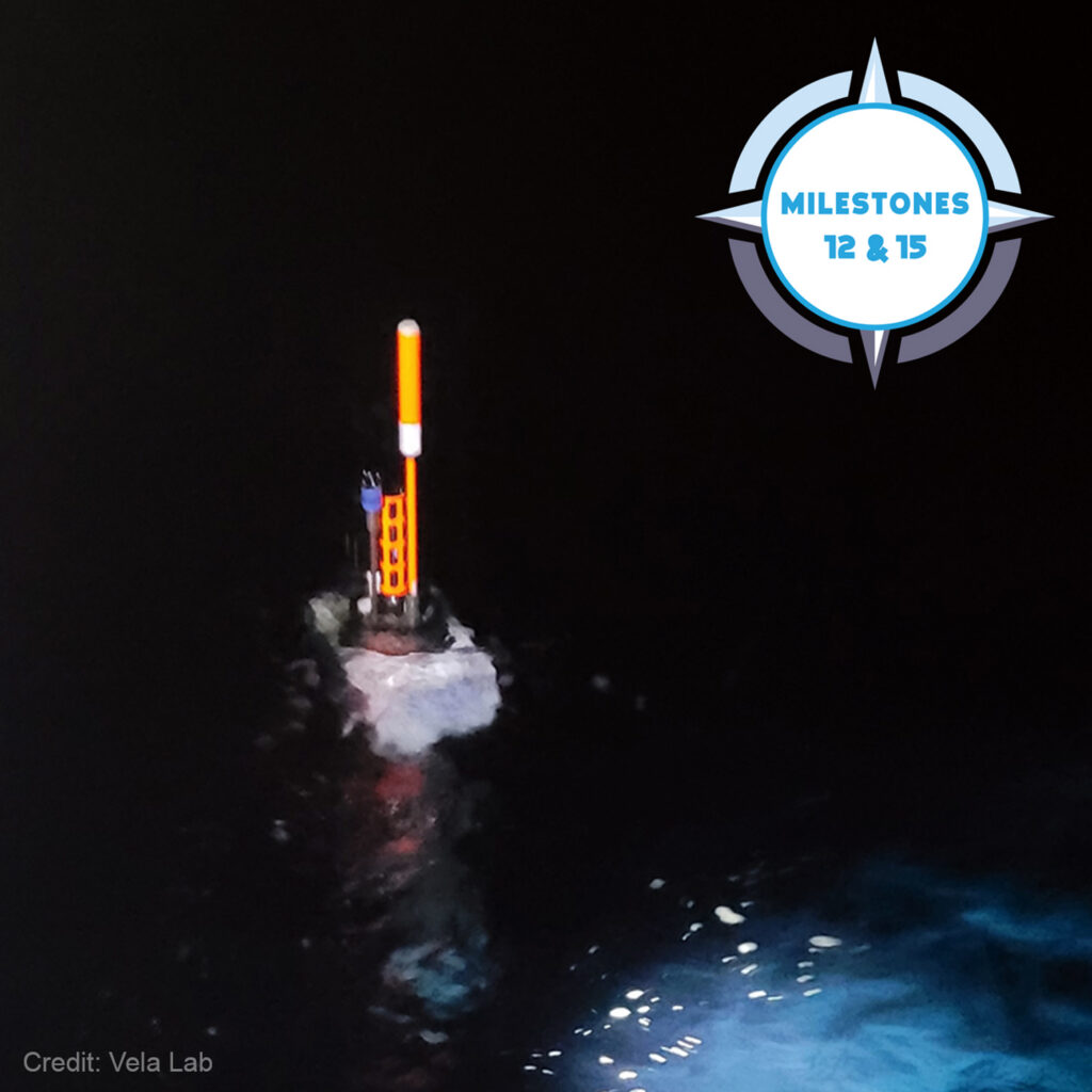 A photo of a profiling float in sea at night with a compass shaped badge illustration in top right corner with text "MILESTONES 12&15"