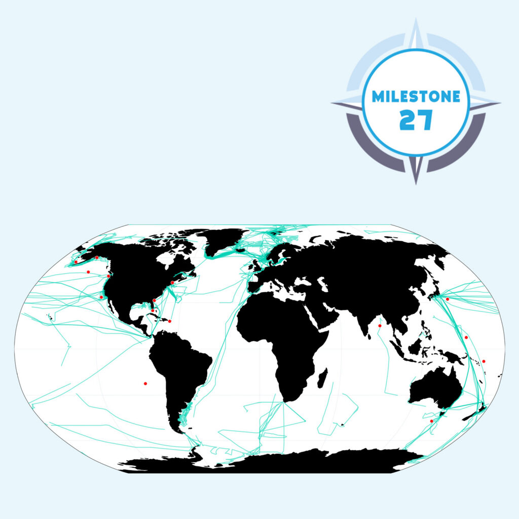 A world map of SOCONET platforms from SOCAT version 2026 indicated as red dots and light green lines. Pasted on the picture in the top right corner is a TRICUSO milestone badge displaying 'Milestone 27'.