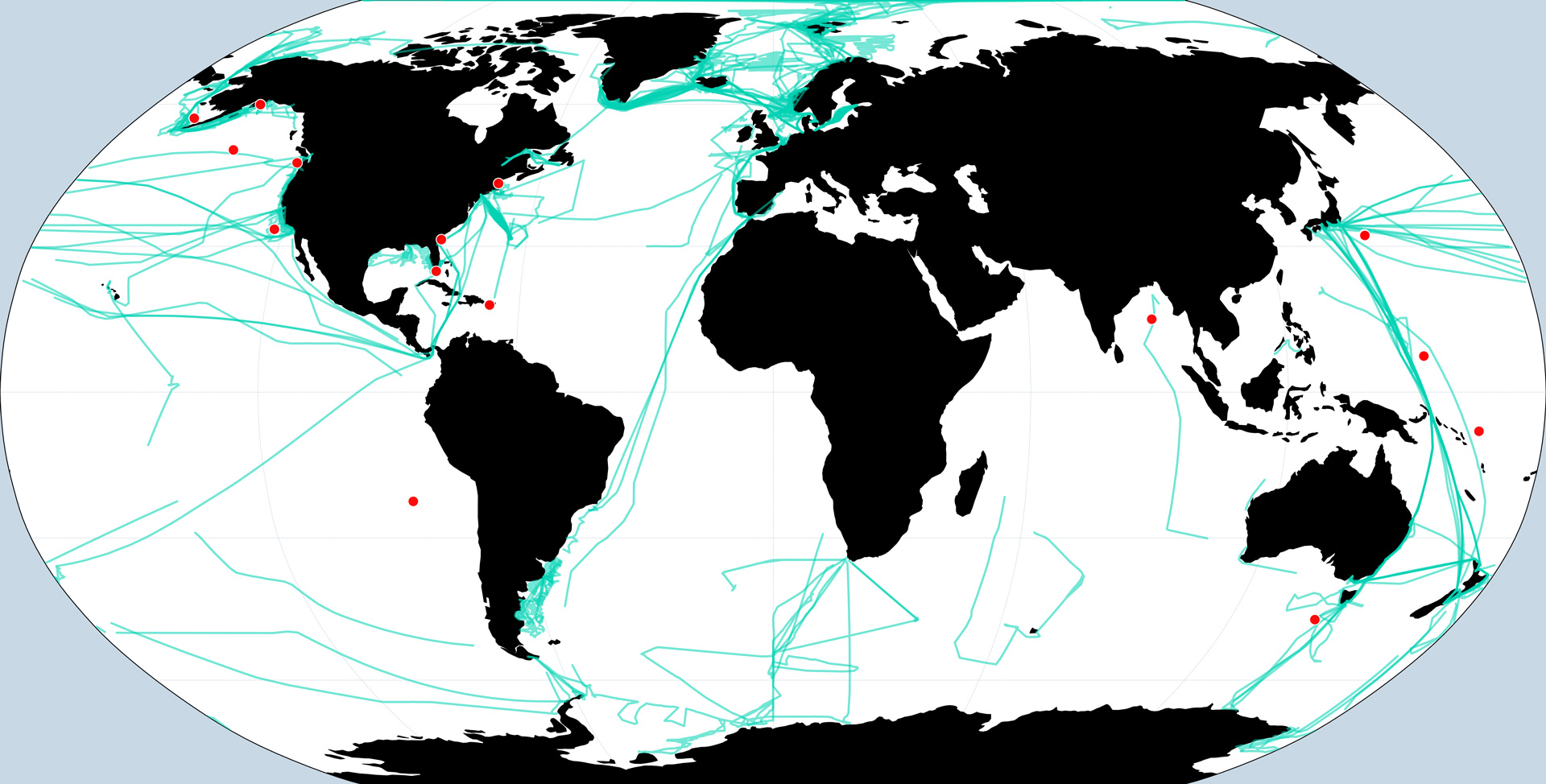 A world map of SOCONET platforms from SOCAT version 2026 indicated as red dots and light green lines.